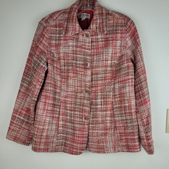 Norm Thompson orange tweed women's blazer collar wood button pockets office S - Picture 3 of 11